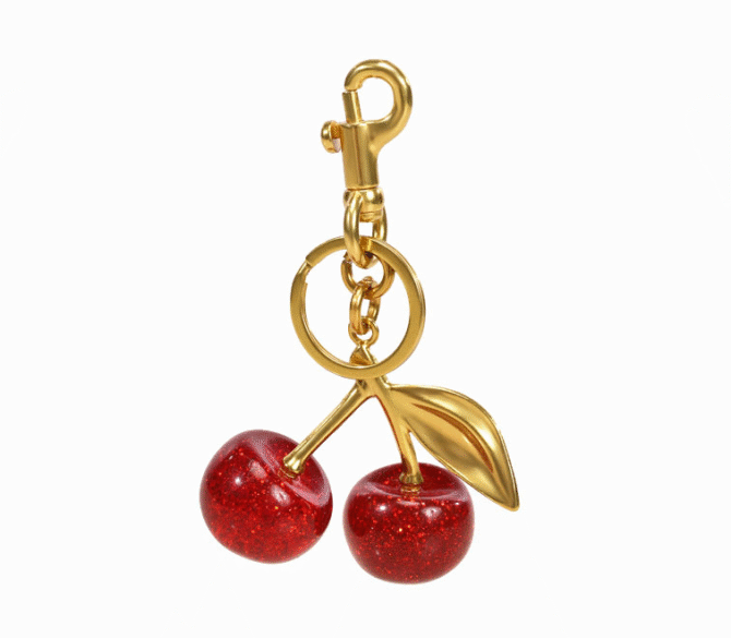 🍒 Cherry Glam Bagcharm – Goud & Glitterrood
